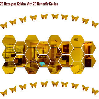                       Look Decor-20 Hexagon With Butterfly-(Golden-Pack of 20)-3D Acrylic Mirror Wall Stickers Decoration for Home Wall Office Wall Stylish and Latest Product Code Number 250                                              