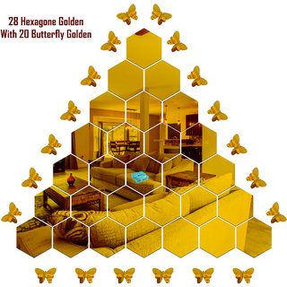 Look Decor-28 Hexagon With Butterfly-(Golden-Pack of 28)-3D Acrylic Mirror Wall Stickers Decoration for Home Wall Office Wall Stylish and Latest Product Code Number 252
