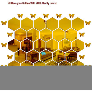                       Look Decor-28 Hexagon With Butterfly-(Golden-Pack of 28)-3D Acrylic Mirror Wall Stickers Decoration for Home Wall Office Wall Stylish and Latest Product Code Number 253                                              