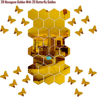                       Look Decor-28 Hexagon With Butterfly-(Golden-Pack of 28)-3D Acrylic Mirror Wall Stickers Decoration for Home Wall Office Wall Stylish and Latest Product Code Number 255                                              