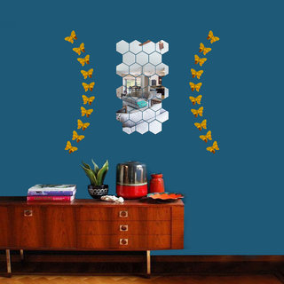                       Look Decor-28 Hexagon With Butterfly-(Silver-Pack of 28)-3D Acrylic Mirror Wall Stickers Decoration for Home Wall Office Wall Stylish and Latest Product Code Number 265                                              