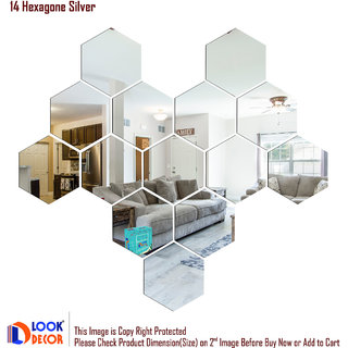 Look Decor-14 Hexagon-(Silver-Pack of 14)-3D Acrylic Mirror Wall Stickers Decoration for Home Wall Office Wall Stylish and Latest Product Code Number 286