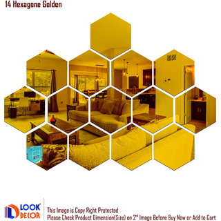                       Look Decor-14 Hexagon-(Golden-Pack of 14)-3D Acrylic Mirror Wall Stickers Decoration for Home Wall Office Wall Stylish and Latest Product Code Number 296                                              