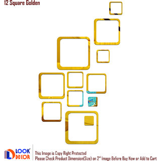                       Look Decor-12 Square-(Golden-Pack of 12)-3D Acrylic Mirror Wall Stickers Decoration for Home Wall Office Wall Stylish and Latest Product Code Number 855                                              