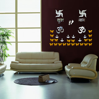                       Look Decor-Om Swastik With Butterfly-(Silver-Pack of 14)-3D Acrylic Mirror Wall Stickers Decoration for Home Wall Office Wall Stylish and Latest Product Code Number 1243                                              