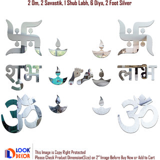                       Look Decor-Om Swastik-(Silver-Pack of 14)-3D Acrylic Mirror Wall Stickers Decoration for Home Wall Office Wall Stylish and Latest Product Code Number 1280                                              