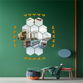                       Look Decor-14 Hexagon With Butterfly-(Silver-Pack of 14)-3D Acrylic Mirror Wall Stickers Decoration for Home Wall Office Wall Stylish and Latest Product Code Number 1011                                              