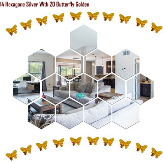 Look Decor-14 Hexagon With Butterfly-(Silver-Pack of 14)-3D Acrylic Mirror Wall Stickers Decoration for Home Wall Office Wall Stylish and Latest Product Code Number 1012