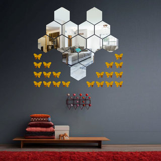 Look Decor-14 Hexagon With Butterfly-(Silver-Pack of 14)-3D Acrylic Mirror Wall Stickers Decoration for Home Wall Office Wall Stylish and Latest Product Code Number 1020