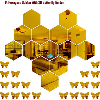Look Decor-14 Hexagon With Butterfly-(Golden-Pack of 14)-3D Acrylic Mirror Wall Stickers Decoration for Home Wall Office Wall Stylish and Latest Product Code Number 1027