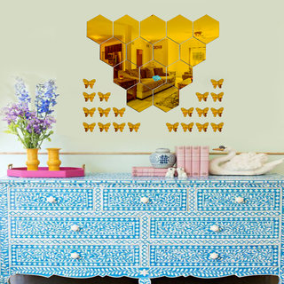                      Look Decor-14 Hexagon With Butterfly-(Golden-Pack of 14)-3D Acrylic Mirror Wall Stickers Decoration for Home Wall Office Wall Stylish and Latest Product Code Number 1033                                              
