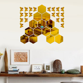                       Look Decor-14 Hexagon With Butterfly-(Golden-Pack of 14)-3D Acrylic Mirror Wall Stickers Decoration for Home Wall Office Wall Stylish and Latest Product Code Number 1034                                              