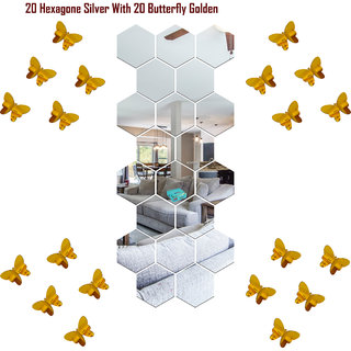                       Look Decor-20 Hexagon With Butterfly-(Silver-Pack of 20)-3D Acrylic Mirror Wall Stickers Decoration for Home Wall Office Wall Stylish and Latest Product Code Number 1038                                              