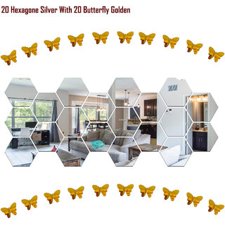                       Look Decor-20 Hexagon With Butterfly-(Silver-Pack of 20)-3D Acrylic Mirror Wall Stickers Decoration for Home Wall Office Wall Stylish and Latest Product Code Number 1039                                              