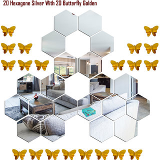 Look Decor-20 Hexagon With Butterfly-(Silver-Pack of 20)-3D Acrylic Mirror Wall Stickers Decoration for Home Wall Office Wall Stylish and Latest Product Code Number 1040