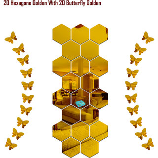                       Look Decor-20 Hexagon With Butterfly-(Golden-Pack of 20)-3D Acrylic Mirror Wall Stickers Decoration for Home Wall Office Wall Stylish and Latest Product Code Number 1042                                              