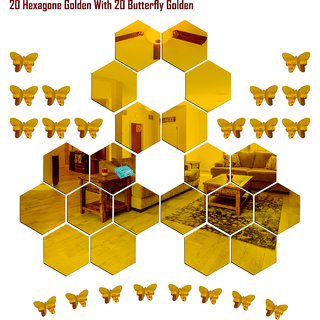                       Look Decor-20 Hexagon With Butterfly-(Golden-Pack of 20)-3D Acrylic Mirror Wall Stickers Decoration for Home Wall Office Wall Stylish and Latest Product Code Number 1044                                              