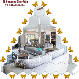 Look Decor-28 Hexagon With Butterfly-(Silver-Pack of 28)-3D Acrylic Mirror Wall Stickers Decoration for Home Wall Office Wall Stylish and Latest Product Code Number 1051