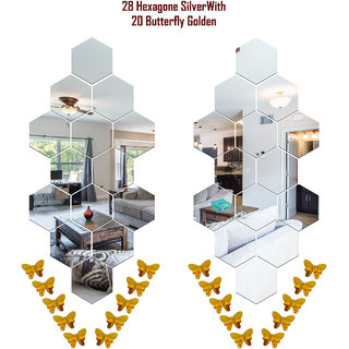                       Look Decor-28 Hexagon With Butterfly-(Silver-Pack of 28)-3D Acrylic Mirror Wall Stickers Decoration for Home Wall Office Wall Stylish and Latest Product Code Number 1053                                              