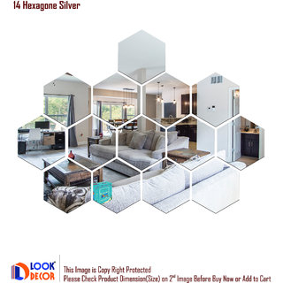 Look Decor-14 Hexagon-(Silver-Pack of 14)-3D Acrylic Mirror Wall Stickers Decoration for Home Wall Office Wall Stylish and Latest Product Code Number 1062