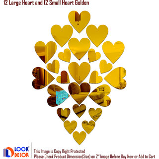                       Look Decor-12 Large 12 Small Heart-(Golden-Pack of 24)-3D Acrylic Mirror Wall Stickers Decoration for Home Wall Office Wall Stylish and Latest Product Code Number 1467                                              