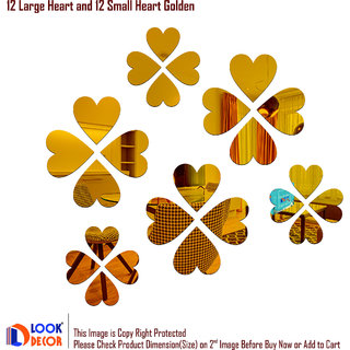                       Look Decor-12 Large 12 Small Heart-(Golden-Pack of 24)-3D Acrylic Mirror Wall Stickers Decoration for Home Wall Office Wall Stylish and Latest Product Code Number 1469                                              