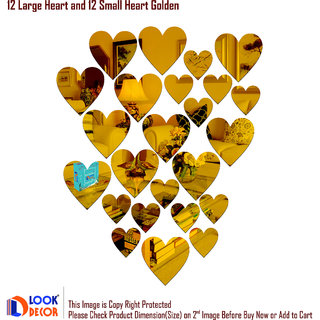                       Look Decor-12 Large 12 Small Heart-(Golden-Pack of 24)-3D Acrylic Mirror Wall Stickers Decoration for Home Wall Office Wall Stylish and Latest Product Code Number 1470                                              