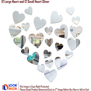                       Look Decor-12 Large 12 Small Heart-(Silver-Pack of 24)-3D Acrylic Mirror Wall Stickers Decoration for Home Wall Office Wall Stylish and Latest Product Code Number 1471                                              