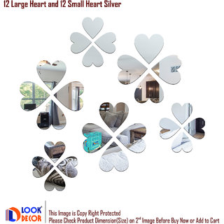                       Look Decor-12 Large 12 Small Heart-(Silver-Pack of 24)-3D Acrylic Mirror Wall Stickers Decoration for Home Wall Office Wall Stylish and Latest Product Code Number 1472                                              