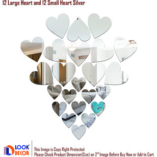                       Look Decor-12 Large 12 Small Heart-(Silver-Pack of 24)-3D Acrylic Mirror Wall Stickers Decoration for Home Wall Office Wall Stylish and Latest Product Code Number 1473                                              