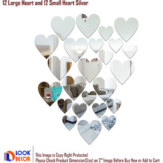                       Look Decor-12 Large 12 Small Heart-(Silver-Pack of 24)-3D Acrylic Mirror Wall Stickers Decoration for Home Wall Office Wall Stylish and Latest Product Code Number 1474                                              