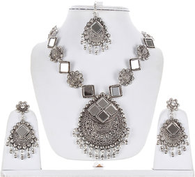 Lucky Jewellery Tribal Designer Oxidised German Silver Plated Mirror Work Navratri Garba Necklace Set with Matching Earring And Maang Tikka For Girls & Women (644-TSO-11939-S)