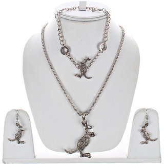                       Lucky Jewellery Designer Oxidised German Silver Plated Kangaroo Design Navratri Garba Jewelry Pendant Locket Set With Matching Earring And Bracelet Girls & Women (200-CHL1O-LJ632-S)                                              