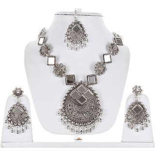 Lucky Jewellery Tribal Designer Oxidised German Silver Plated Mirror Work Navratri Garba Necklace Set with Matching Earring And Maang Tikka For Girls & Women (644-TSO-11939-S)