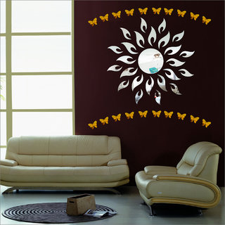                       Look Decor-Sun With Butterfly-(Silver-Pack of 25)-3D Acrylic Mirror Wall Stickers Decoration for Home Wall Office Wall Stylish and Latest Product Code Number 1176                                              