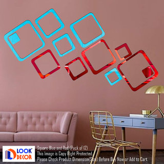                       Look Decor-12 Square-(Blue Red-Pack of 12)-3D Acrylic Mirror Wall Stickers Decoration for Home Wall Office Wall Stylish and Latest Product Code Number 808                                              