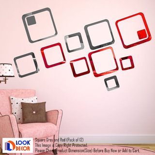                       Look Decor-12 Square-(Grey Red-Pack of 12)-3D Acrylic Mirror Wall Stickers Decoration for Home Wall Office Wall Stylish and Latest Product Code Number 819                                              