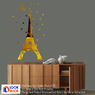                       Look Decor-Eiffel Tower Paris-(Golden-Pack of 32)-3D Acrylic Mirror Wall Stickers Decoration for Home Wall Office Wall Stylish and Latest Product Code Number 1579                                              