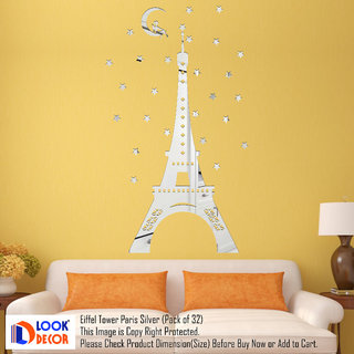                       Look Decor-Eiffel Tower Paris-(Silver-Pack of 32)-3D Acrylic Mirror Wall Stickers Decoration for Home Wall Office Wall Stylish and Latest Product Code Number 1586                                              