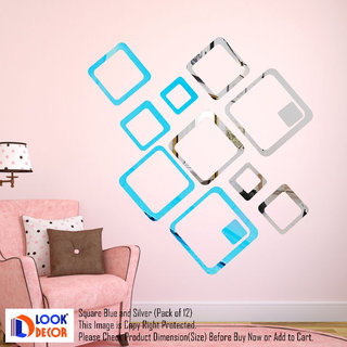                       Look Decor-12 Square-(Silver Blue-Pack of 12)-3D Acrylic Mirror Wall Stickers Decoration for Home Wall Office Wall Stylish and Latest Product Code Number 829                                              