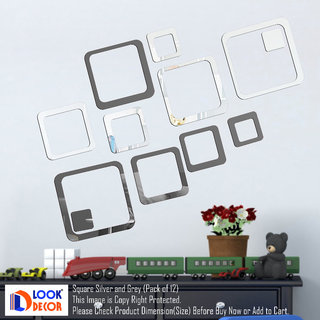                       Look Decor-12 Square-(Silver Grey-Pack of 12)-3D Acrylic Mirror Wall Stickers Decoration for Home Wall Office Wall Stylish and Latest Product Code Number 830                                              