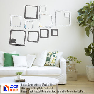 Look Decor-12 Square-(Silver Grey-Pack of 12)-3D Acrylic Mirror Wall Stickers Decoration for Home Wall Office Wall Stylish and Latest Product Code Number 832