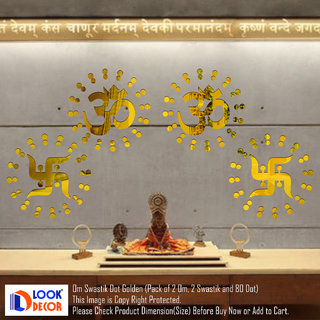                       Look Decor-2 Om 2 Swastik 80 Dot-(Golden-Pack of 84)-3D Acrylic Mirror Wall Stickers Decoration for Home Wall Office Wall Stylish and Latest Product Code Number 1210                                              