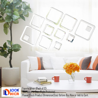 Look Decor-12 Square-(Silver-Pack of 12)-3D Acrylic Mirror Wall Stickers Decoration for Home Wall Office Wall Stylish and Latest Product Code Number 850