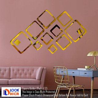                       Look Decor-12 Square-(Golden-Pack of 12)-3D Acrylic Mirror Wall Stickers Decoration for Home Wall Office Wall Stylish and Latest Product Code Number 851                                              