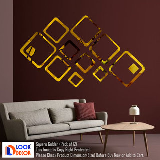 Look Decor-12 Square-(Golden-Pack of 12)-3D Acrylic Mirror Wall Stickers Decoration for Home Wall Office Wall Stylish and Latest Product Code Number 856