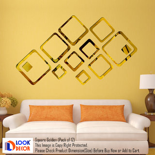                       Look Decor-12 Square-(Golden-Pack of 12)-3D Acrylic Mirror Wall Stickers Decoration for Home Wall Office Wall Stylish and Latest Product Code Number 858                                              