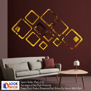                       Look Decor-12 Square-(Golden-Pack of 12)-3D Acrylic Mirror Wall Stickers Decoration for Home Wall Office Wall Stylish and Latest Product Code Number 859                                              