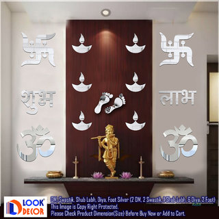                       Look Decor-Om Swastik-(Silver-Pack of 14)-3D Acrylic Mirror Wall Stickers Decoration for Home Wall Office Wall Stylish and Latest Product Code Number 1274                                              