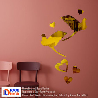 Look Decor-2 Flying Bird And 5 Heart-(Golden-Pack of 7)-3D Acrylic Mirror Wall Stickers Decoration for Home Wall Office Wall Stylish and Latest Product Code Number 1349